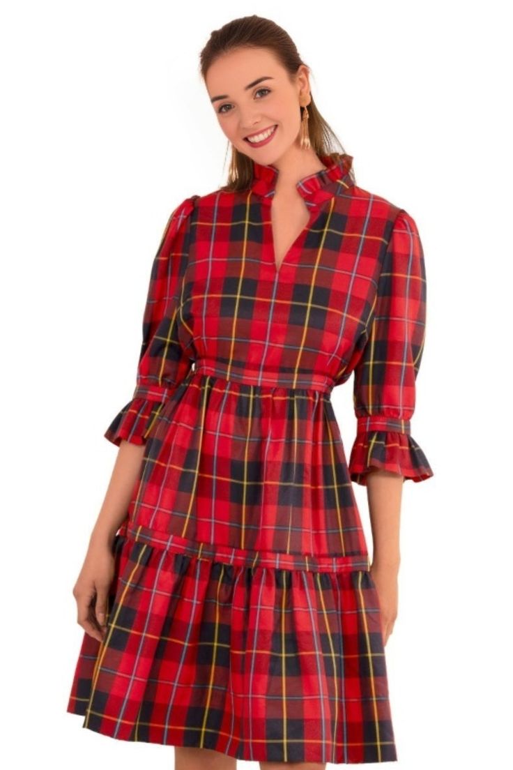 Tartan Teardrop Dress The Tartan Teardrop Dress blends timeless charm with a contemporary look, making it a versatile addition to any wardrobe. Crafted from a durable acrylic-wool blend, this dress combines the warmth of wool with the resilience of acrylic, perfect for professional and casual settings alike. With a classic plaid pattern and a playful baby doll silhouette, it features a mandarin ruffle slit neck, 3-inch ruffle sleeves, and a tiered gathered skirt for an elegant A-line shape. Side Dapper Dress, Ruffle Neck Dress, Shirt Dress Summer, Preppy Dresses, Blouson Dress, Gathered Skirt, Midi Maxi Dress, Black Ruffle, Plaid Dress