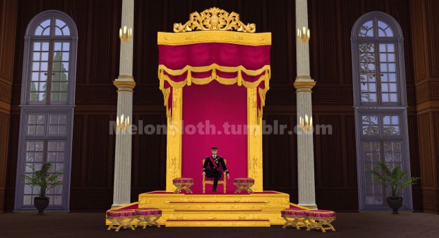 a man sitting on top of a yellow and red throne in front of two windows