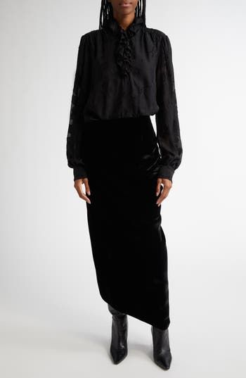 A draped panel across the front brings soft asymmetric dimension to a black-velvet midi skirt styled in a sophisticated wrap silhouette. Button closure Lined 69% viscose, 31% cupro Dry clean Made in Italy Designer Clothing Chic Draped Formal Skirt, Chic Evening Draped Pencil Skirt, Chic Asymmetrical Draped Skirt For Formal Occasions, Black Draped Long Skirt For Formal Occasions, Elegant Formal Draped Midi Skirt, Elegant Draped Midi Skirt For Evening, Elegant Evening Midi Draped Skirt, Black Relaxed Draped Skirt For Formal Occasions, Elegant Asymmetrical Wrap Skirt