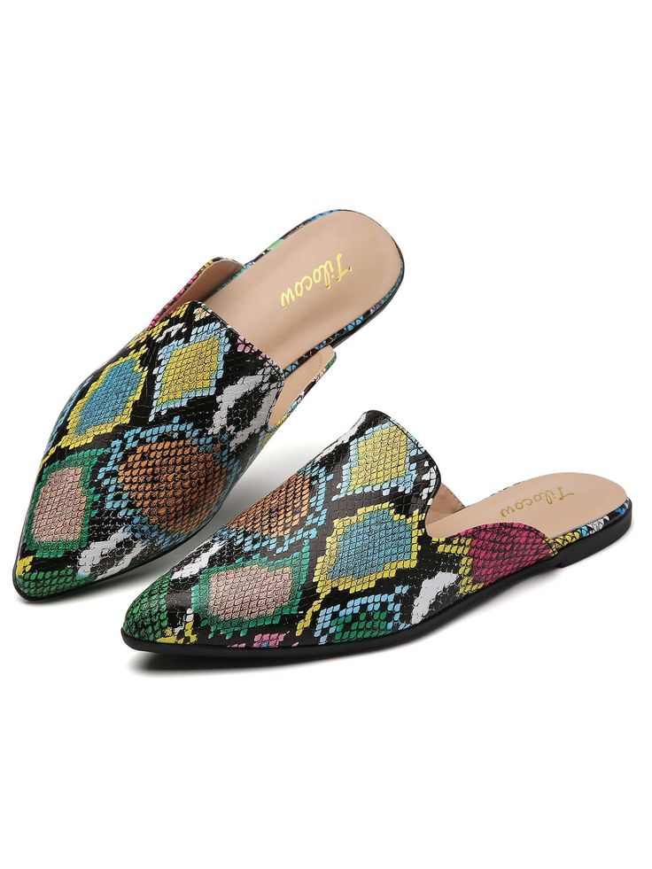 Multicolor Elegant,Glamorous,Vacation,Funky,Fashionable Collar   Tribal Slingbacks,Mules Embellished   Women Shoes Comfortable Flat Heel Synthetic Mules, Trendy Closed Toe Mules With Rubber Sole, Casual Flat Synthetic Mules, Trendy Slip-on Slippers, Trendy Slip-on Pointed Toe Flats For Summer, Casual Pointed Toe Slip-ons With Cushioned Footbed, Trendy Synthetic Slippers With Flat Heel, Trendy Cushioned Slip-ons, Comfortable Mules For Spring