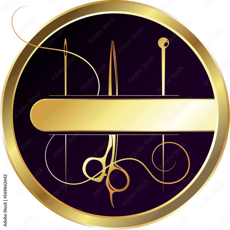 a gold and purple circle with scissors on it