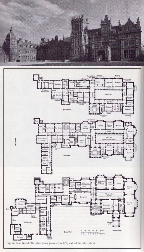 an old building with many rooms and floors in the floor plan, as well as pictures of other buildings