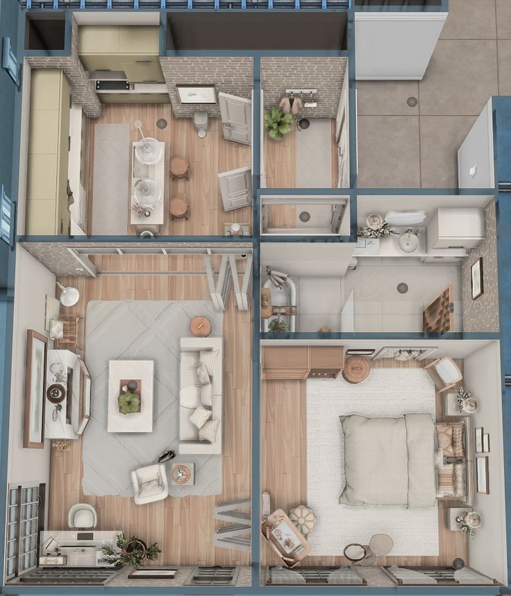 an overhead view of a three bedroom, two bath apartment with living room and dining area