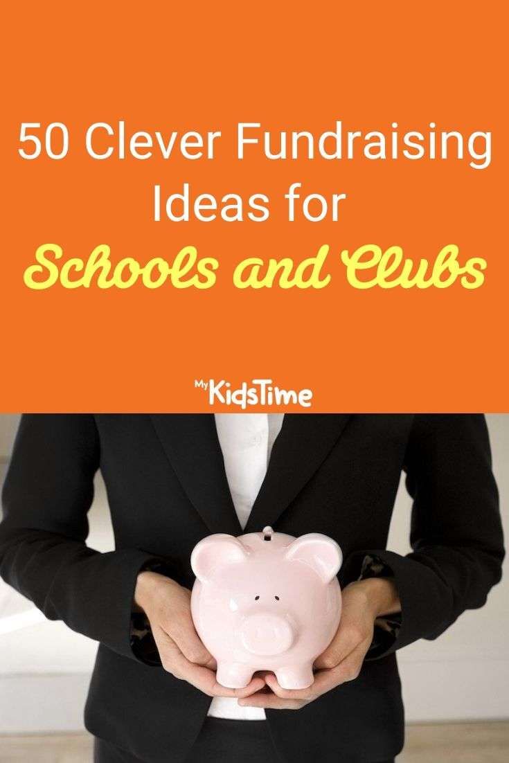 a person in a suit holding a piggy bank with the words 50 clever fundraiser ideas for