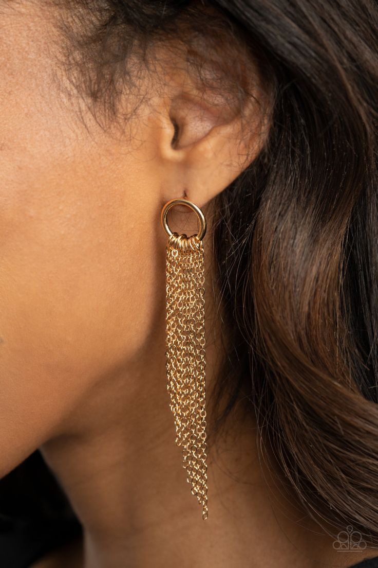 Tapered gold chains cascade from the bottom of a dainty gold hoop, creating an angled fringe. Earring attaches to a standard post fitting. 1059 Sold as one pair of post earrings. Angled Fringe, Fringe Earring, Chain Fringe, Pink Peacock, Pink Acrylics, Paparazzi Accessories, White Rhinestone, Paparazzi Jewelry, Fringe Earrings