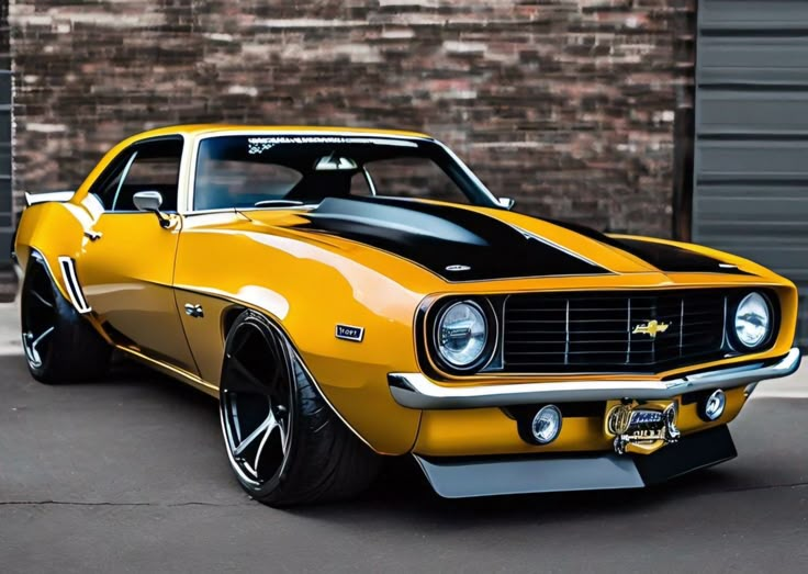 a yellow and black muscle car parked in front of a brick building