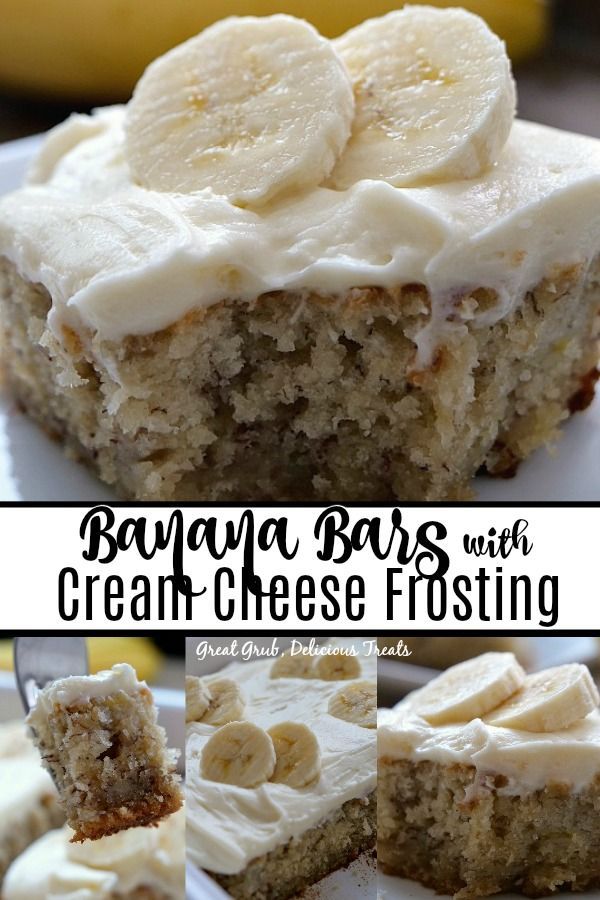 banana bars with cream cheese frosting on top