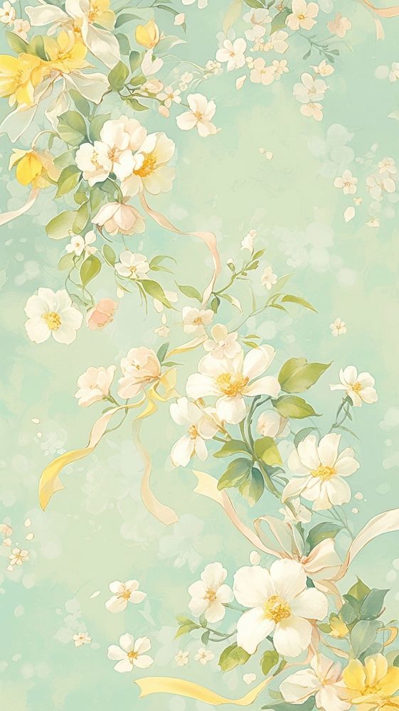 a painting of flowers on a blue background with yellow and white ribbons in the foreground