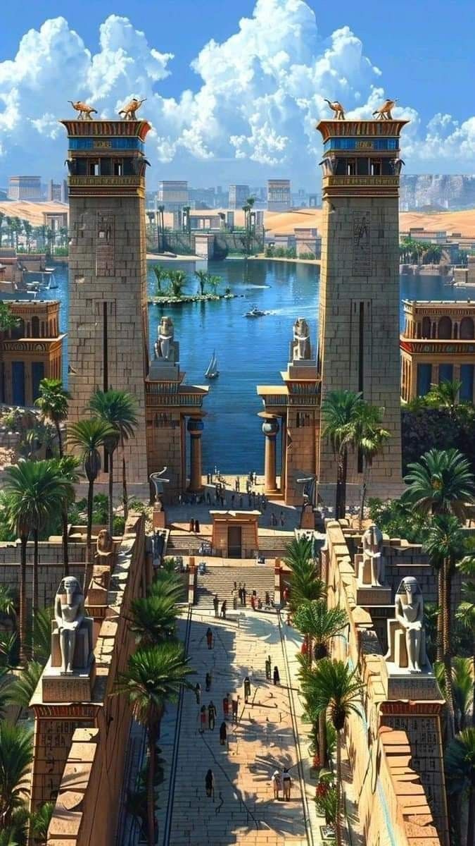 an artist's rendering of the ancient city of egypt with palm trees and water