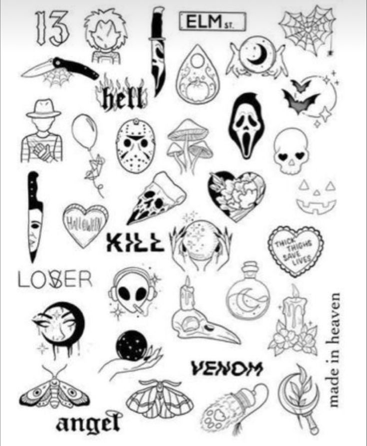 an assortment of halloween stickers on a white sheet with the words and symbols in black ink