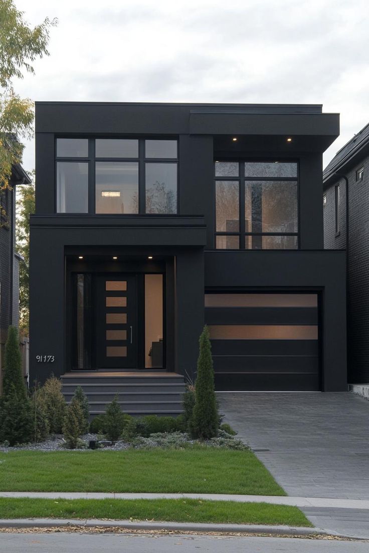 a modern house with black siding and windows