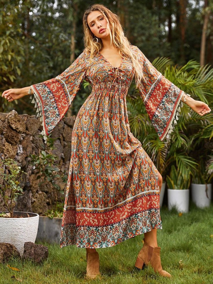 Print A line Dress with Flounce Sleeve Western Maxi Dress, Look Boho Chic, Boho Chique, Boho Mode, Estilo Hippy, A Line Maxi Dress, Business Formal Dress, Coachella Dress, Vestidos Vintage