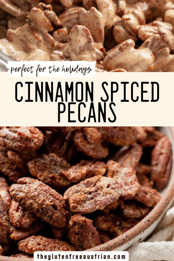 cinnamon spiced pecans in a bowl with text overlay