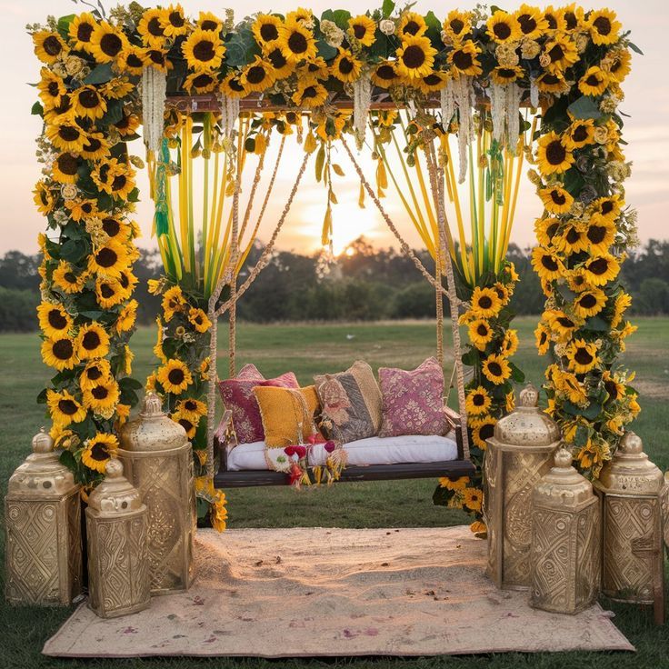 Leveraging the natural beauty of your own backyard or rooftop can result in a stunning and intimate Haldi ceremony. Incorporate earthy elements like trees, pots, and jute rugs, along with hanging floral arrangements and a cozy seating area for the couple. Haldi Decoration Ideas Pool Side, Haldi Stage, Hanging Floral Arrangements, Shadi Decor, Engagement Party Venue, Mehandi Decor, Mehandi Function, Haldi Decoration Ideas, Cozy Seating Area