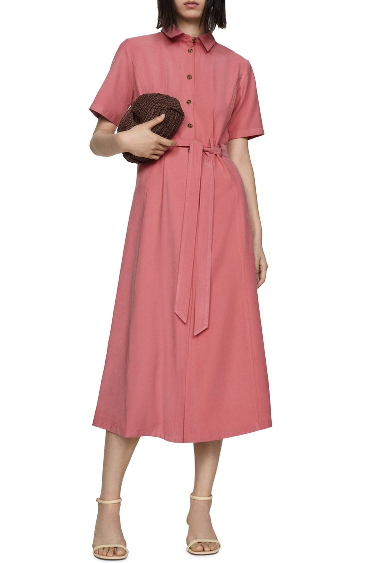 A matching sash cinches the waist of this classic midi-length shirtdress made from a lightweight fabric that flows with ease. Front button closure Point collar Short sleeves Removable sash Lined 93% viscose, 7% polyester Machine wash, line dry Imported Casual A-line Belted Dress For Spring, Formal Button-up Midi Dress With Tie Waist, Elegant Workwear Maxi Dress With Tie Fastening, Elegant Tie Fastening Maxi Dress For Work, Elegant Maxi Dress With Tie Fastening For Work, Chic Spring Shirt Dress With Tie Fastening, Summer Formal Maxi Dress With Tie Waist, Solid Summer Shirt Dress For Work, Solid Color Summer Shirt Dress For Work