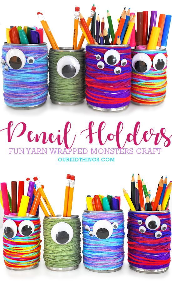 Yarn Wrapped Monster Pencil Holders Back To School Diy Ideas, Cute School Crafts, Yarn Monsters Craft, Crafts With Pencils, Homemade Pencil Holders, Tin Can Pencil Holder Diy, Pencil Craft Ideas, Back To School Kids Crafts, Can Pencil Holder Diy