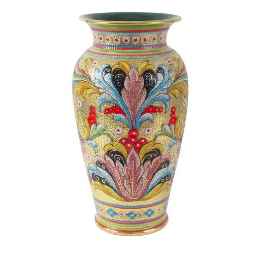 a large vase with colorful designs on the outside and inside, sitting against a white background