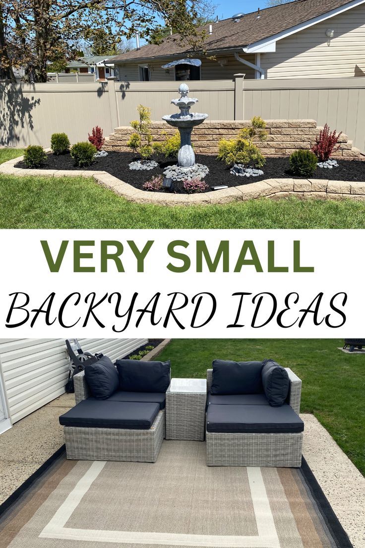 an outdoor patio area with two chairs and a fountain in the middle, text overlay reads very small backyard ideas