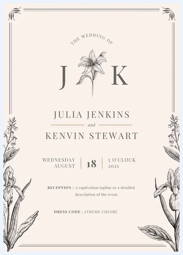 an elegant wedding card with flowers and leaves on the front, in black and white