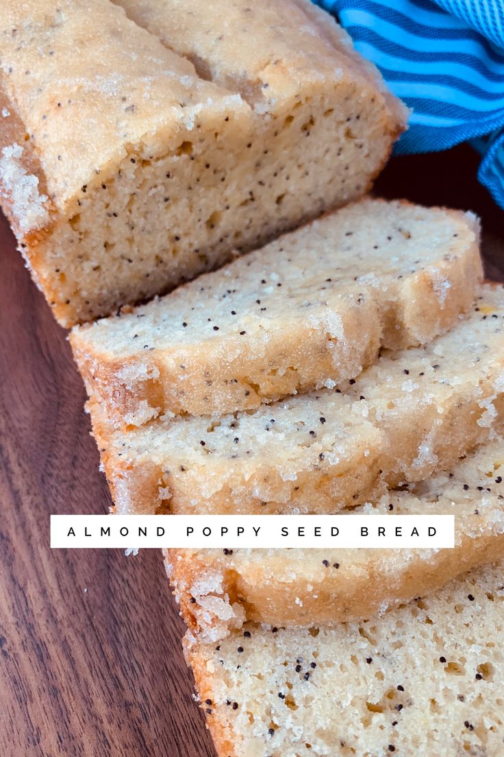 slices of lemon poppy seed bread stacked on top of each other with text overlay