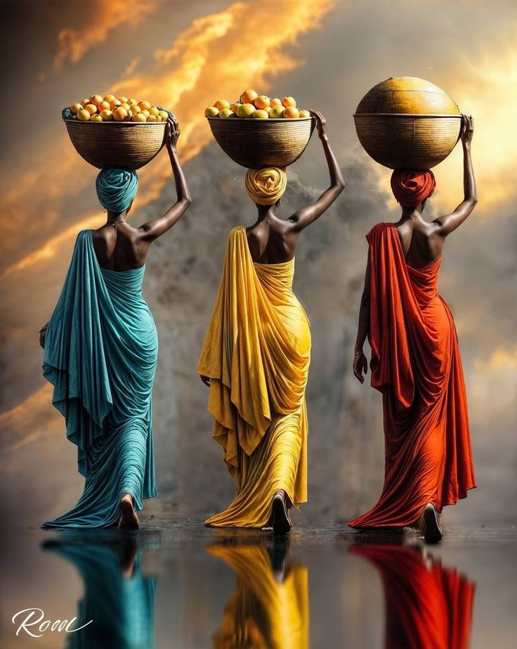 three women carrying fruit on their heads in front of a cloudy sky with water reflection