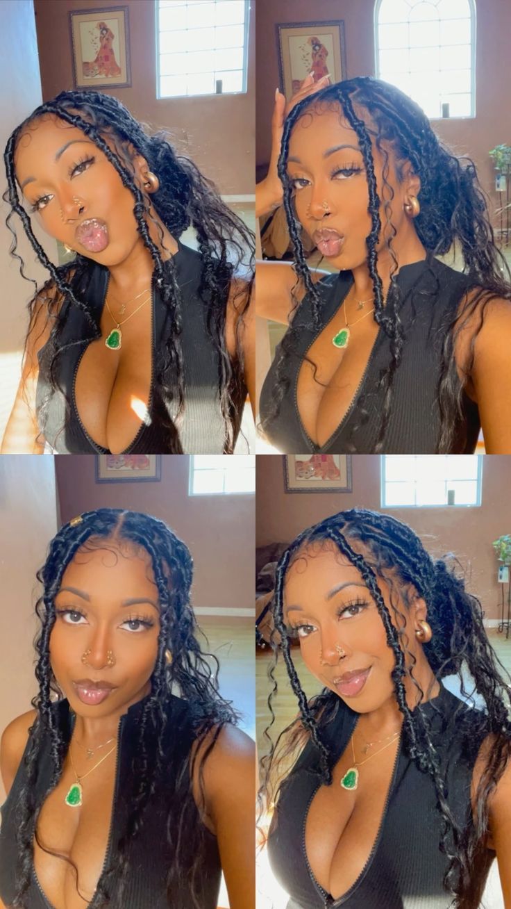 Outfits With Faux Locs, Box Braids For Vacation, Earthy Faux Locs, Short Vacation Hair For Black Women, Hairstyles For Jamaica Vacation, Vacation Locs For Black Women, Jamaica Hairstyles, Distressed Locs With Curls, Curly Vacation Hairstyles