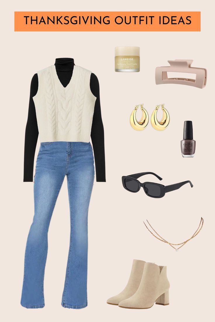 #Ad #AmazonAffiliate Check out this trendy Thanksgiving outfit idea! Start with a casual black long-sleeve turtleneck layered with a white cropped sleeveless V-neck sweater. Pair it with high-waisted bootcut jeans and sand-colored ankle boots for a chic vibe. Accessorize with black rectangle sunglasses, a large hair claw clip, and chunky gold hoop earrings paired with a matching necklace. Don't forget a touch of dark brown nail polish and LANEIGE Lip Mask in vanilla for that perfect finish! 🍂✨ Dark Brown Nail Polish, Laneige Lip Mask, Black Rectangle Sunglasses, Turtleneck Layering, Brown Nail Polish, Brown Nail, Laneige Lip, Chunky Gold Hoop Earrings, Thanksgiving Outfits