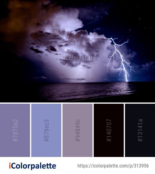 the color palette is blue, purple and black with lightning in the sky above it