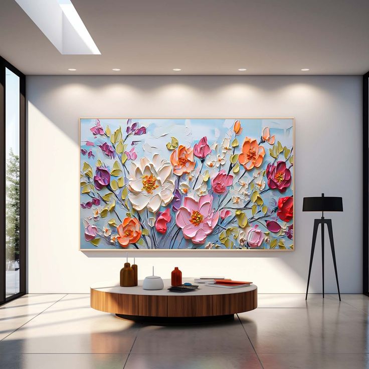 Large Acrylic Colorful Textured Floral Painting Original Drawing Flowers Wall Art Modern Floral Painting For Living Room Flower Landscape Painting, Art Above Sofa, Living Room Artwork, Bathroom Artwork, Flower Canvas Art, Room Artwork, Artwork For Living Room, Floral Oil Paintings, Flower Landscape