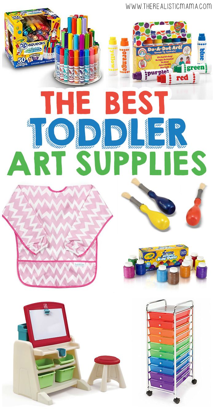 the best toddler art supplies are on display in front of an assortment of children's toys