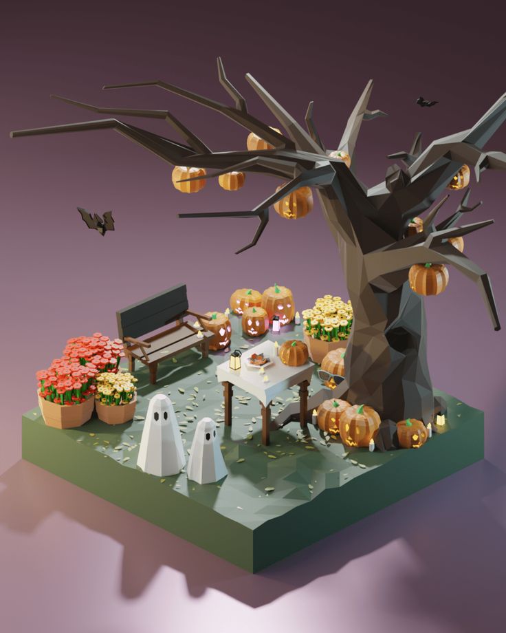 a low poly halloween scene with pumpkins and trees