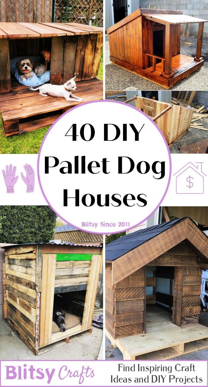 dog house made out of pallet wood with text overlay that says 40 diy pallet dog houses