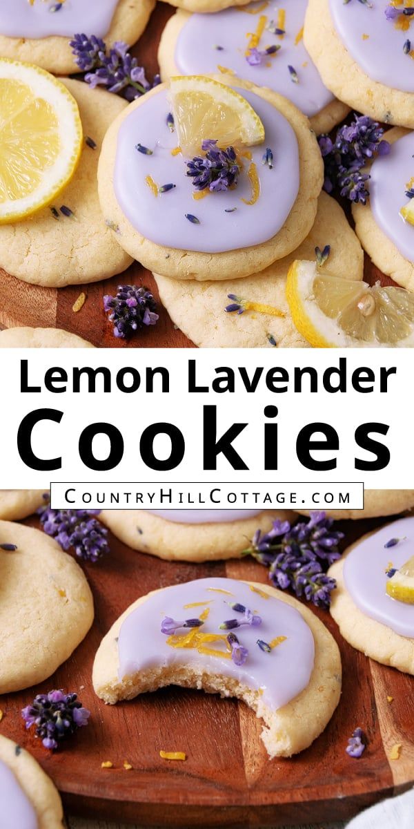 lemon lavender cookies on a cutting board with the title text overlay reads, lemon lavender cookies