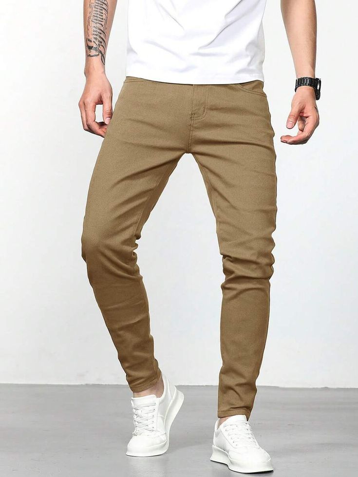 Details:Button \nDetails:Pocket \nDetails:Zipper \nClosure Type:Zipper Fly \nColor:Khaki \nPattern Type:Plain \nType:Skinny \nWaist Line:Natural \nLength:Long \nFit Type:Regular Fit \nFabric:Medium Stretch \nMaterial:Denim \nComposition:98% Cotton \nComposition:2% Elastane \nCare Instructions:Machine wash, do not dry clean \nBody:Unlined \nSheer:No \n Slim Fit Men, Mens Denim, Slim Fit Jeans, Fit Jeans, Mens Jeans, Dry Clean, Slim Fit, Mens Outfits, Zipper