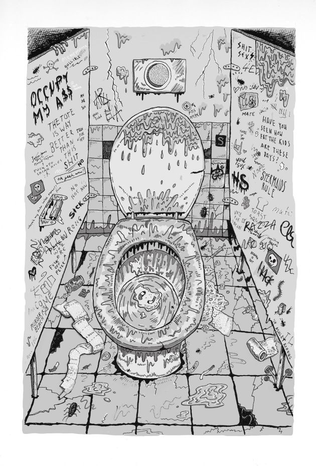 a drawing of a toilet with graffiti all over it