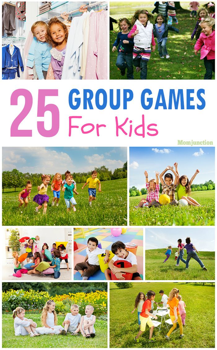 the cover of 25 group games for kids, with pictures of children playing and having fun