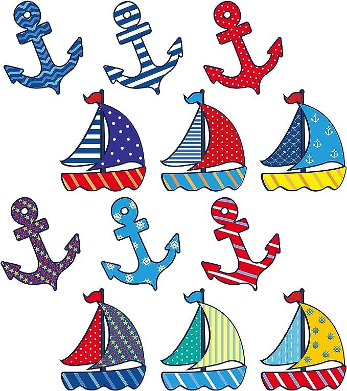 a bunch of different colored boats with anchors on them