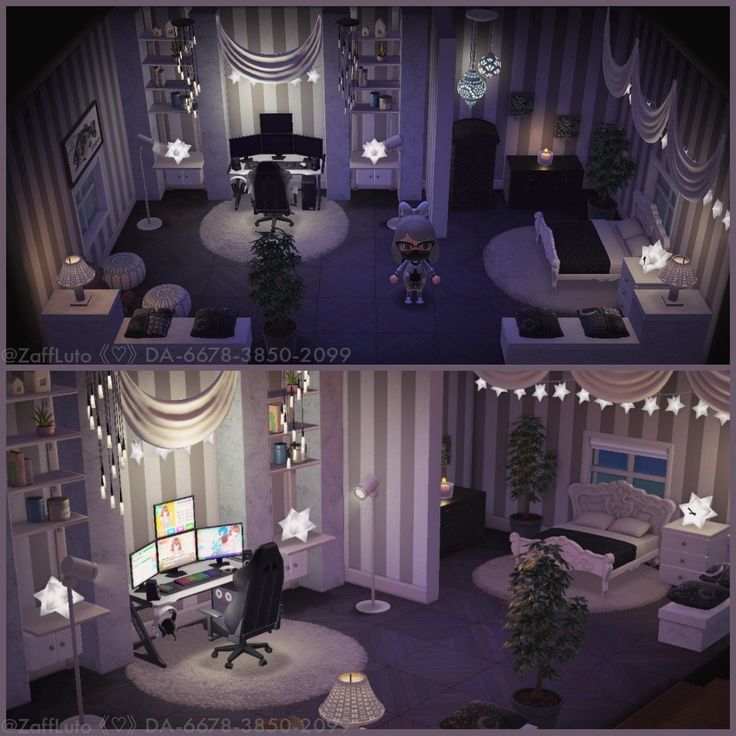 two pictures of a living room and bedroom in the same house, one is decorated with christmas lights