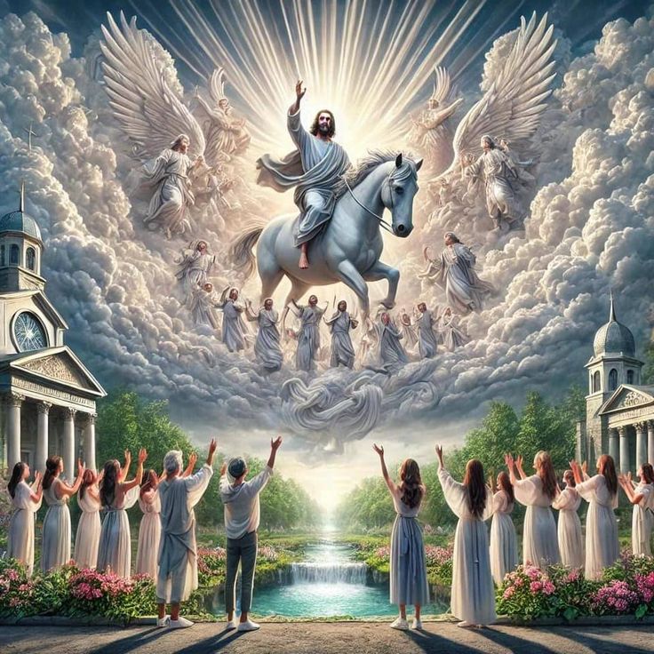 an image of jesus riding on the back of a white horse with angels surrounding him