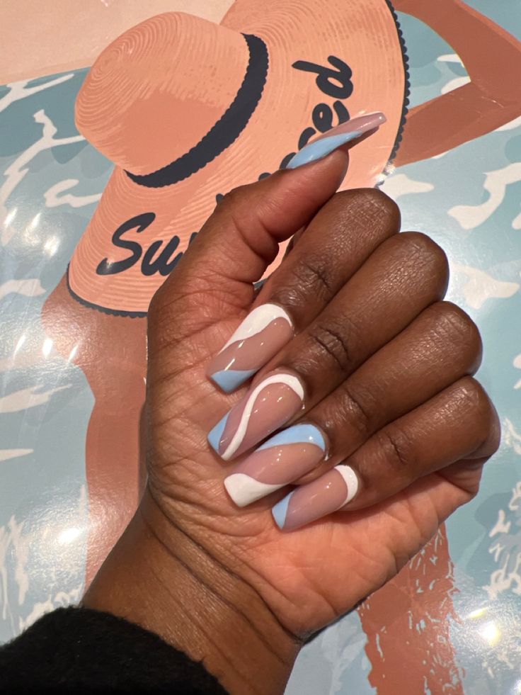 Blue Nails With White Lines, Nails With Blue And White, Nails With White Lines, Acrylic Nails With Blue, Blue Nails With White, White Abstract Nails, Nails With Blue, Nails With White, Abstract Nails