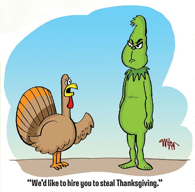 a turkey and a green man are facing each other in opposite directions, with the words we'd like to hire you to eat thanksgiving