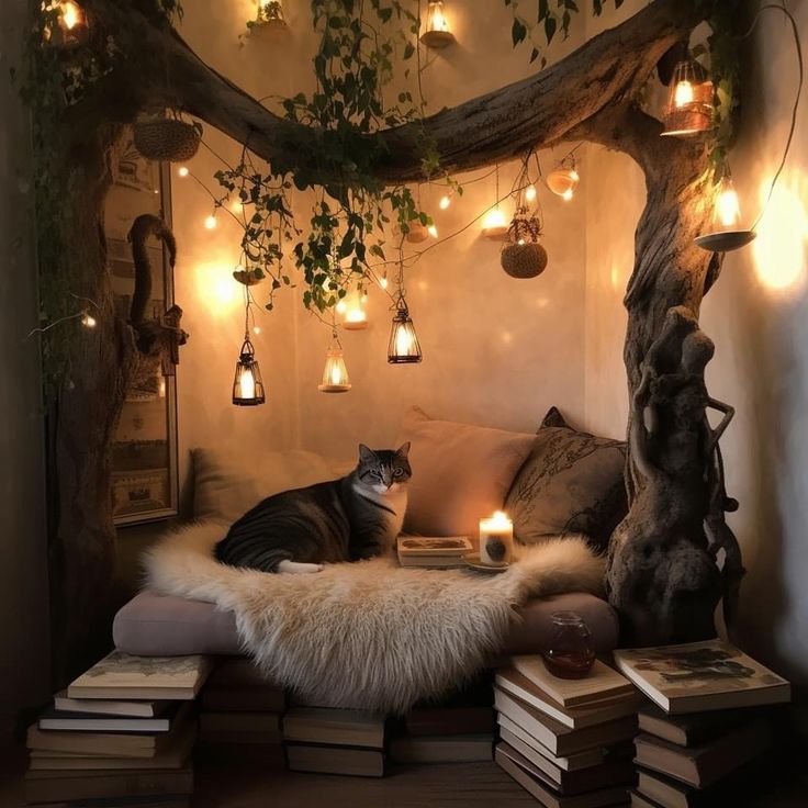 a cat sitting on top of a couch next to a pile of books and candles