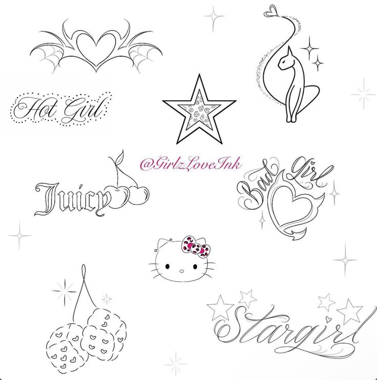 the hello kitty tattoos are on display in front of a white background with stars and hearts