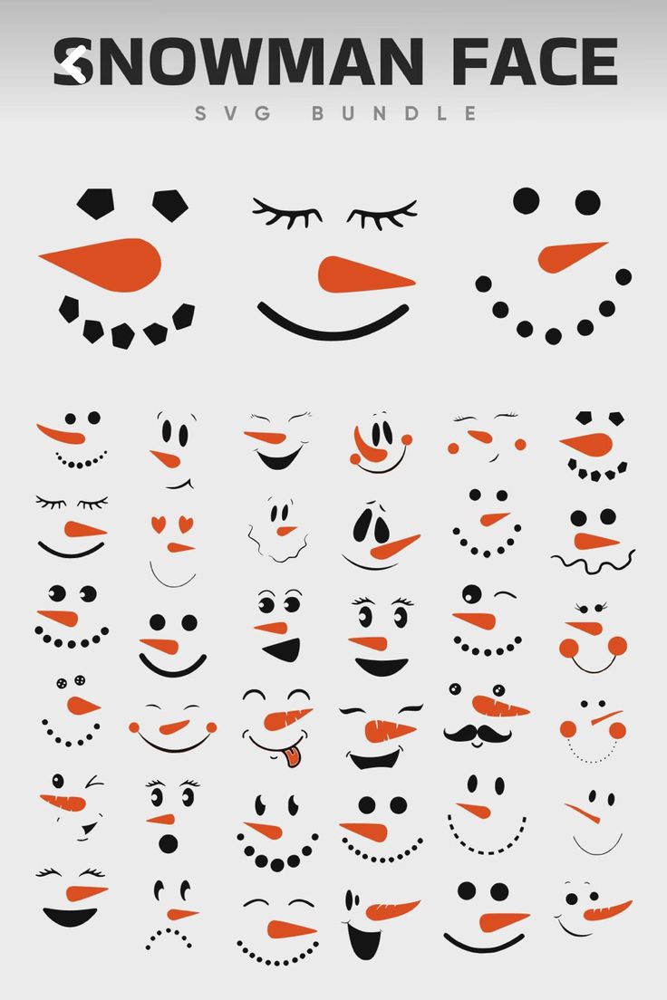 the snowman face svg bundle is shown in orange and black, with different facial expressions