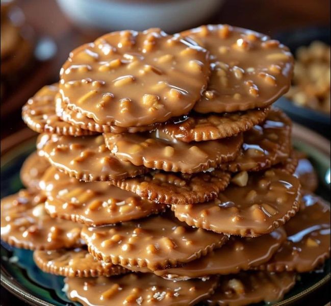 a stack of cookies covered in caramel glaze