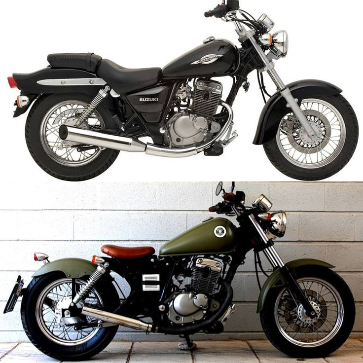 two motorcycles parked next to each other in front of a white wall and one black motorcycle