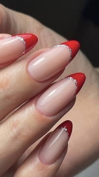 Red French With Gold Line, Basic Christmas Nail Designs, Christmas Nails Ideas Almond, Christmas Nails No French Tip, Almond Shape Xmas Nails, Formal Christmas Nails, Christmas Acrylic Nails Medium Length, Christmassy French Tips, Square Festive Nails