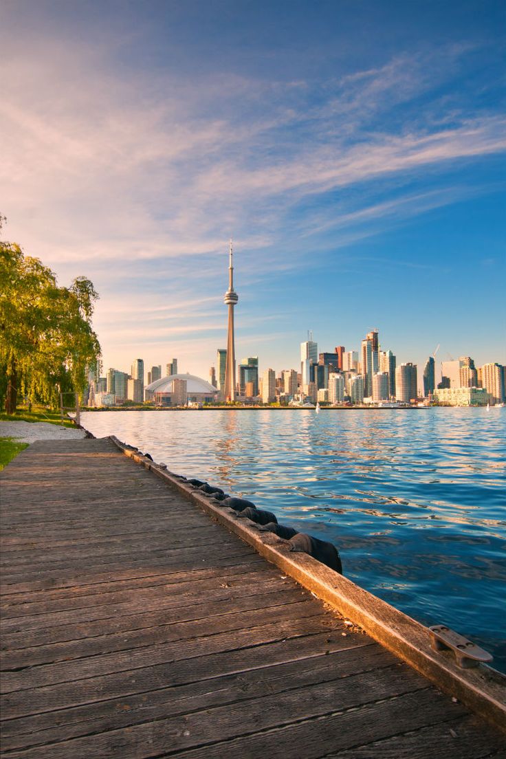 the city skyline is reflected in the water near a wooden dock on a sunny day