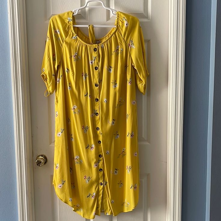 Yellow Loft Floral Button Down Dress Spring Short Sleeve Dress With Button Back, Spring Daywear Dresses With Button Back, Rayon Day Dresses With Button Closure, Casual Button-up Midi Dress For Daytime, Knee-length Rayon Dresses With Button Closure, Rayon Daywear Dresses With Button Closure, Daywear Rayon Dress With Button Closure, Spring Casual Mini Dress With Button Back, Rayon Short Sleeve Dress With Buttons