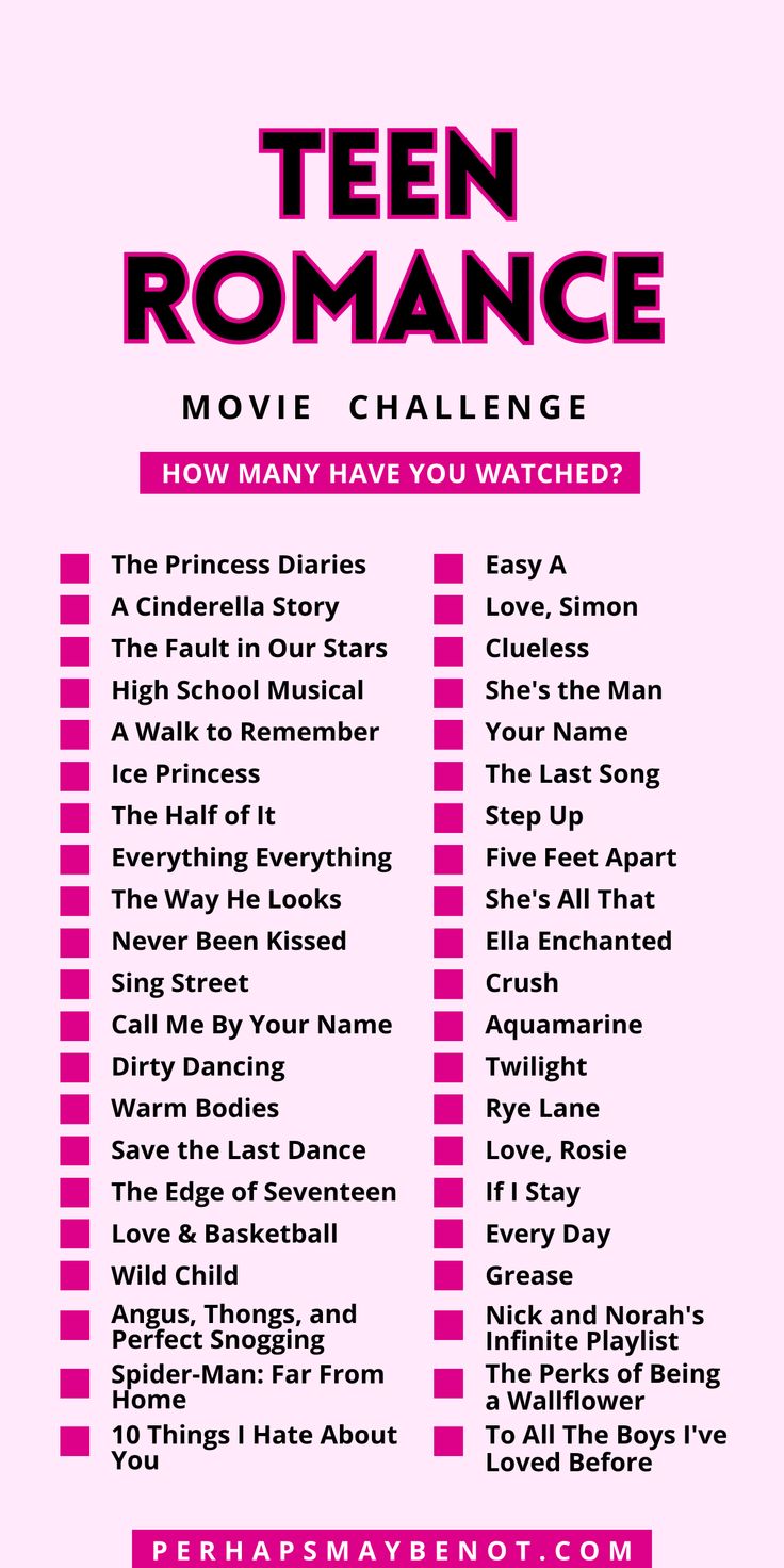 the ten romance movie challenge is shown in pink and black, with words above it